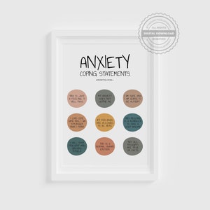 Pu&ograve; includere: Un poster stampabile con sfondo bianco e cornice blu chiaro. Il poster ha il titolo "Anxiety Coping Statements" e presenta nove cerchi colorati con affermazioni per affrontare l'ansia. I cerchi sono in varie tonalit&agrave; di blu, verde, marrone e arancione.