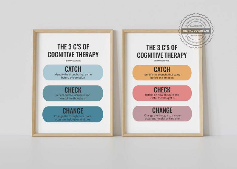 May include: Two printable posters with a light wood frame. The posters are white with blue and orange text. The text reads "The 3 C's of Cognitive Therapy" and lists the steps: "Catch, Check, Change".