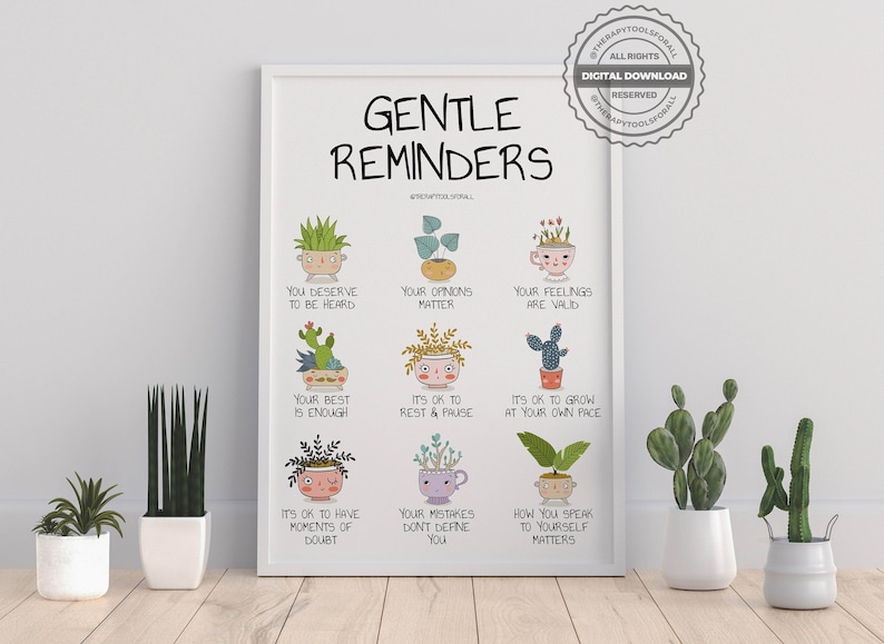 Gentle Reminders Positive Affirmations DIGITAL Print Mental Health Wellbeing Art Therapy Office School Counselor Poster Self Love Compassion image 1