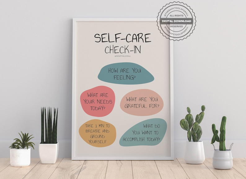 Self Care Digital Poster, Self Love, Mental Health, Well Being Print, School Counselor Office Wall Decor, Therapist, Therapy, Wellness Art 