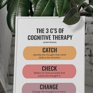 May include: A white poster with the text "The 3 C's of Cognitive Therapy" and the social media handle "@TherapyToolsForAll". The poster is divided into three sections, each with a different color and a heading: "Catch", "Check", and "Change". Each section contains a brief description of the concept.