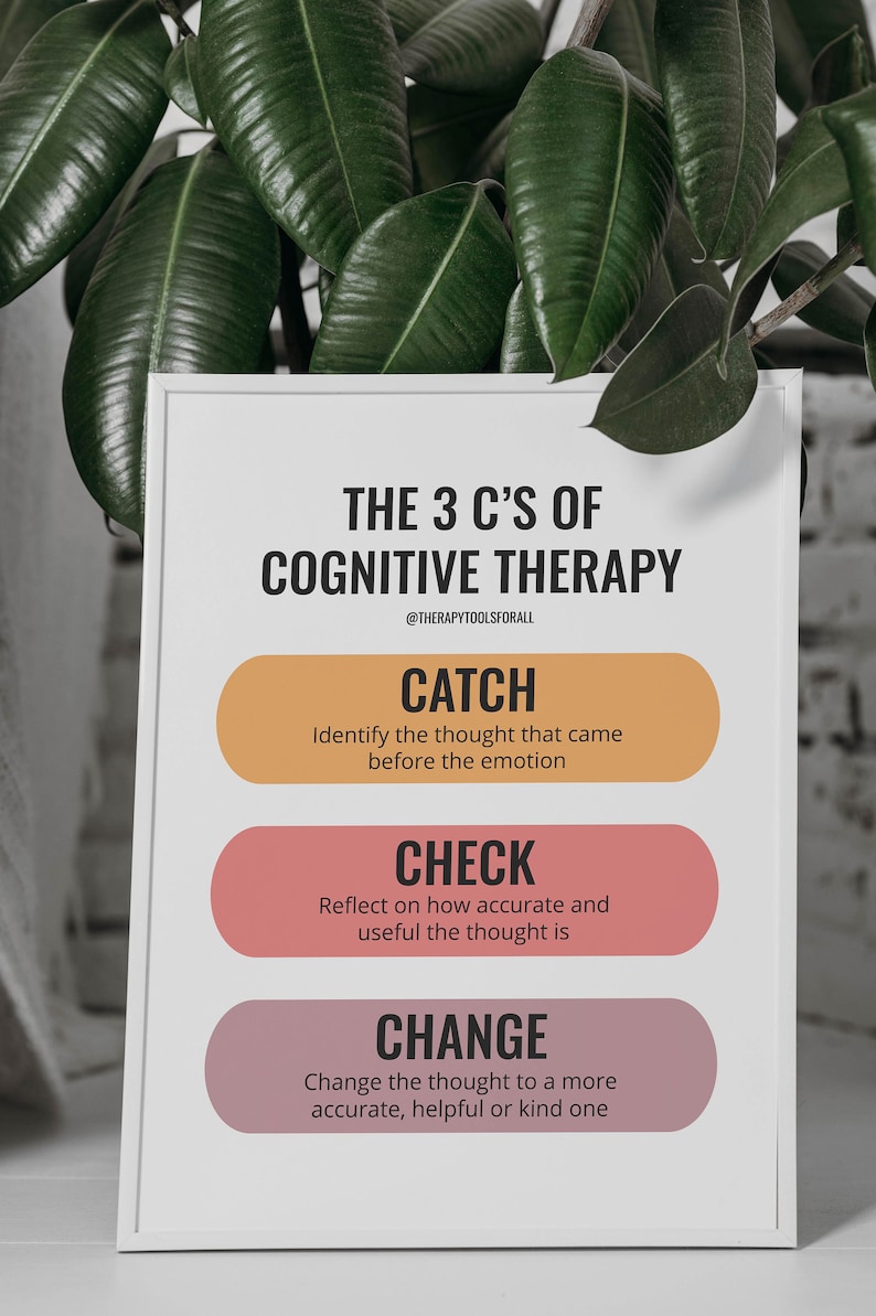 May include: A white poster with the text "The 3 C's of Cognitive Therapy" and the social media handle "@TherapyToolsForAll". The poster is divided into three sections, each with a different color and a heading: "Catch", "Check", and "Change". Each section contains a brief description of the concept.