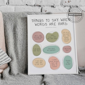 Puede incluir: Un p&oacute;ster imprimible con el texto "Things to say when words are hard" y nueve frases diferentes en c&iacute;rculos coloridos. Las frases son: "Well get through this together", "I wish I could take this pain away", "It's ok if you don't feel like being strong today", "I am here for you", "You have my support", "I believe you", "I see how hard this is for you", "I don't have advice but I am here to listen", "You're not alone".