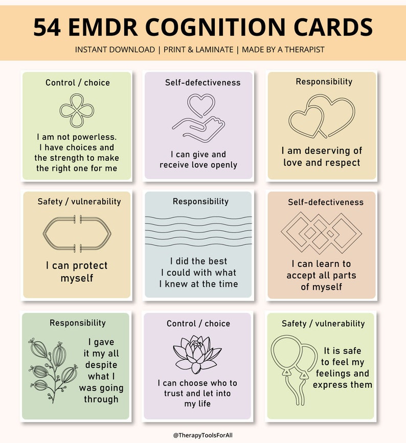 Puede incluir: Conjunto de 54 tarjetas de cognici&oacute;n EMDR con ilustraciones y afirmaciones. Las tarjetas est&aacute;n codificadas por colores y organizadas en tres categor&iacute;as: Control/Elecci&oacute;n, Autodesprecio y Responsabilidad. Las tarjetas est&aacute;n dise&ntilde;adas para ayudar a las personas a procesar experiencias traum&aacute;ticas y desarrollar mecanismos de afrontamiento saludables.