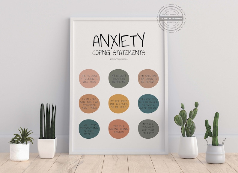 Pu&ograve; includere: Un poster stampabile con sfondo bianco e cornice turchese. Il poster presenta la parola "Ansia" in testo nero e le parole "Dichiarazioni di coping" in testo nero pi&ugrave; piccolo. Il poster &egrave; diviso in nove sezioni, ciascuna contenente una diversa dichiarazione di coping in testo nero su un cerchio colorato. I cerchi sono di vari colori, tra cui pesca, turchese e grigio.