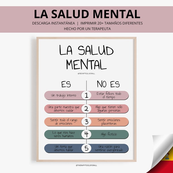 Affiche numérique La Salud Mental en espagnol Bien-être émotionnel Bien-être Sensibilisation à la santé mentale Thérapeute Décoration de bureau Conseiller thérapie Art