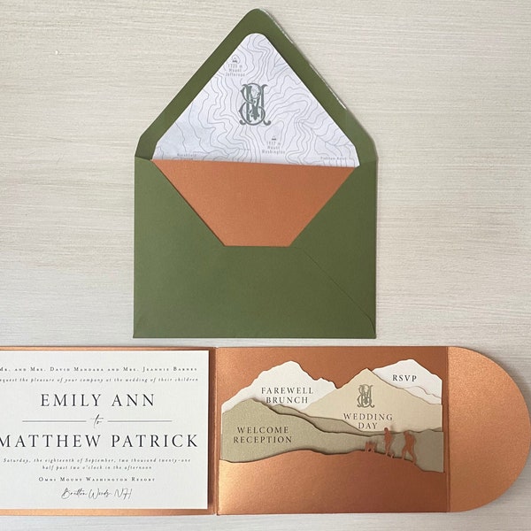 Mountain Wedding Invitation Suite SVG - 5x7 Digital Laser Cut Pocket Folder, Silhouette Cameo, Cricut Cut Files