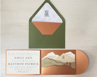 Mountain Wedding Invitation Suite SVG - 5x7 Digital Laser Cut Pocket Folder, Silhouette Cameo, Cricut Cut Files