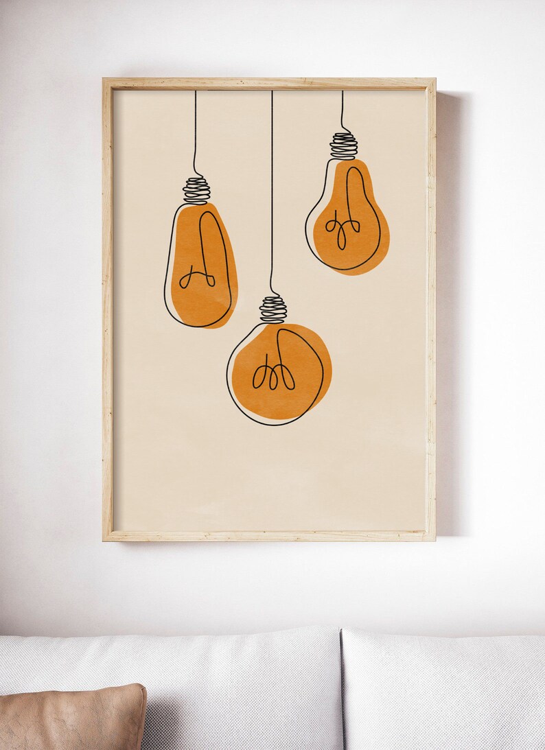 One Line Electric Light Illustration Wall Art Lightbulb Print Printable Minimalist Light bulb Drawing Interior Home Decor Energy