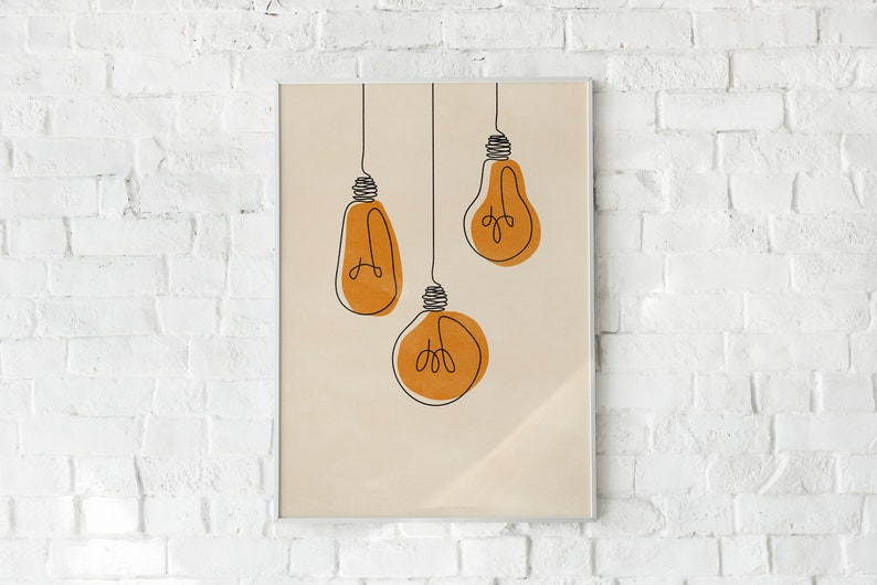 One Line Electric Light Illustration Wall Art Lightbulb Print Printable Minimalist Light bulb Drawing Interior Home Decor Energy