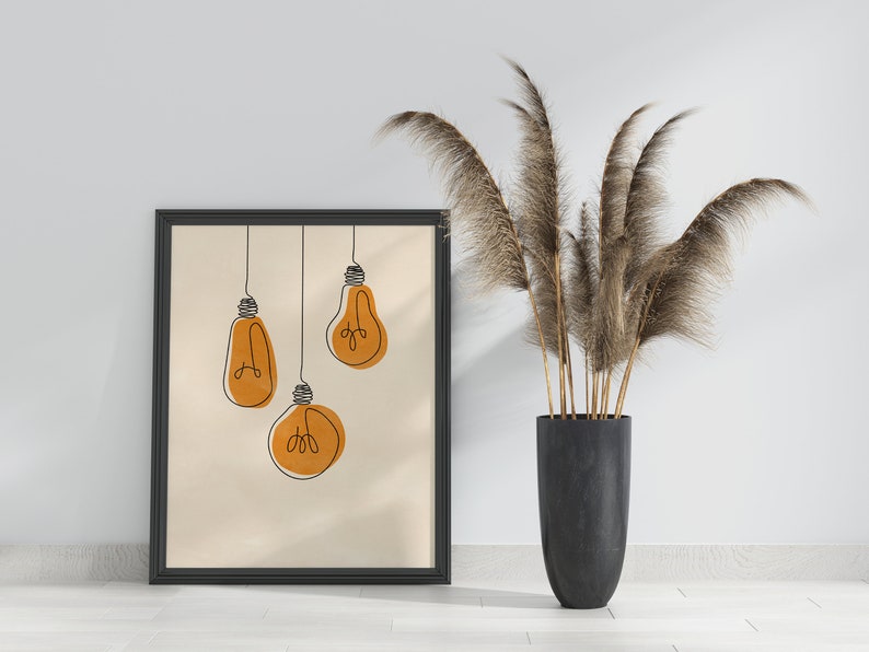 One Line Electric Light Illustration Wall Art Lightbulb Print Printable Minimalist Light bulb Drawing Interior Home Decor Energy