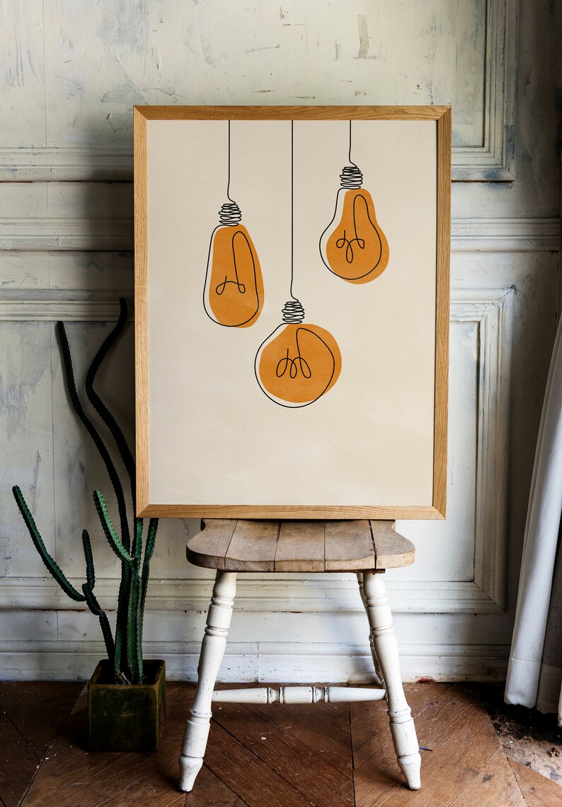 One Line Electric Light Illustration Wall Art Lightbulb Print Printable Minimalist Light bulb Drawing Interior Home Decor Energy