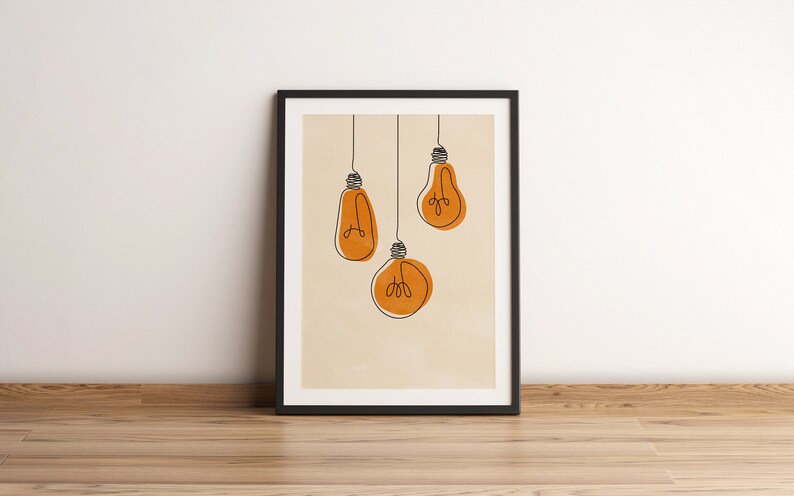 One Line Electric Light Illustration Wall Art Lightbulb Print Printable Minimalist Light bulb Drawing Interior Home Decor Energy