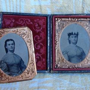 Two Sixth-plate (1/6) Tintypes Same Person ? Folding Velvet Hinged Case for 1 Plate Only