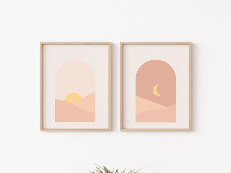 Set of two moon and sun boho wall decor, art print, home decor, boho wall art, bohemian art print, art set, boho art set, image 1