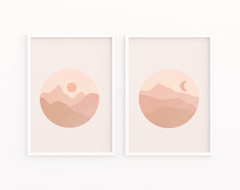 Boho Sunrise and Moon Art Print Set wall decor, art print, home decor, boho wall art, bohemian art print, art set, boho art set,