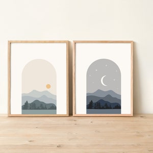 Set of sun and moon and mountain art prints in blue and grey tones, boho style, home decor, sun wall art, landscape art print,