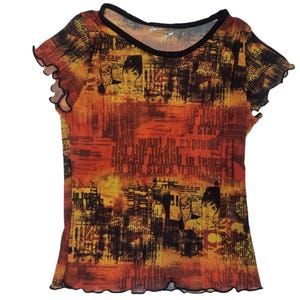 Top vintage de malla Y2K Luna Soretti, mangas cortas con dobladillo ondulado, talla S