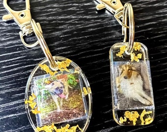 Könnte beinhalten: Zwei goldschimmernde Schlüsselanhänger aus Harz mit klaren Fotoeinsätzen. Ein Schlüsselanhänger ist oval geformt und zeigt ein Foto eines Hundes in einem grasbewachsenen Bereich. Der andere Schlüsselanhänger ist rechteckig und zeigt ein Foto eines Hundes, der sich hinlegt. Beide Schlüsselanhänger haben silberne Schlüsselringe.