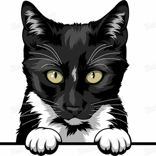 Tuxedo Cat Breed illustration - Peeking line - PeekABoo - .svg .png .jpg ***Commercial License INCLUDED***