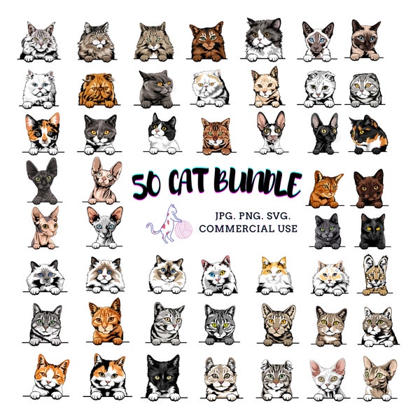 Bundle 50 Cat Breeds Portrait illustration - Peeking - PeekABoo - .svg .png .jpg ***Commercial License INCLUDED***