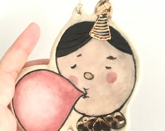 Handmade Ceramic Wall Hanging: Whimsical Illustrated Art with Gold Luster