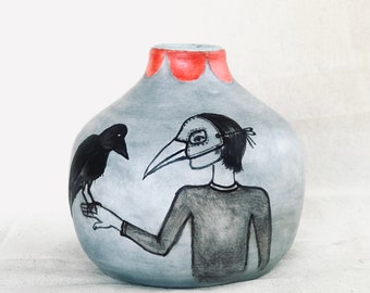 Handpainted Crow Ceramic Vase, Unique Art Object