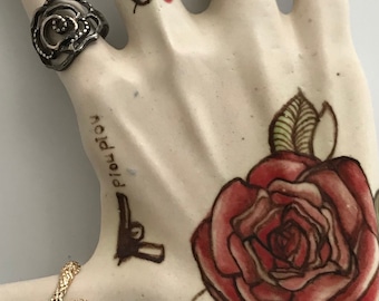 Rose Tattooed Ceramic Hand Ring Holder: Handmade Tattoo Art Decor