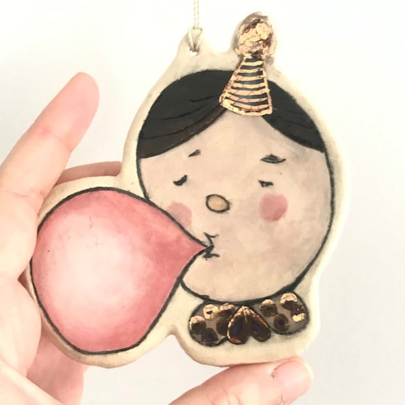 Handmade Ceramic Wall Hanging: Whimsical Illustrated Art with Gold Luster