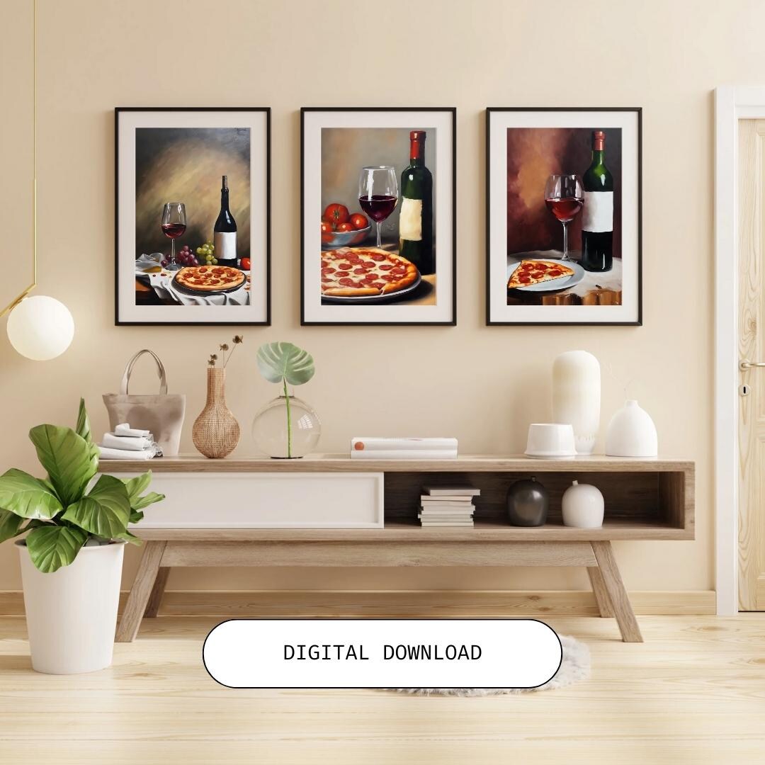 Wine and Dine Collection Wine and Pizza Art Digital Download Whimsical ...