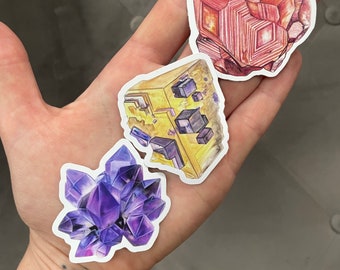 3pc Crystal Art Sticker Pack, Hessonite Garnet + Illinois Fluorite + Bolivian Amethyst. Original crystal portraits by Ariel Graves