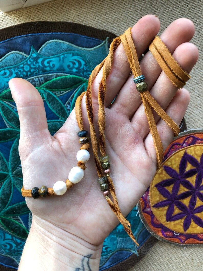 Gemstone /& Deerskin adjustable Choker-Pendant-Bolo style BuffaloCode original design 3 in 1 Custom \u2018Gillian\u2019 Pearl