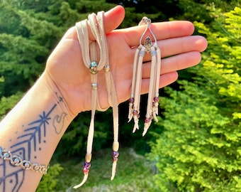 Ibiza Collection White Fringe Amulet with Smokey Quartz .925 Silver, Garnet, Faceted Hematite, Amethyst, Ocean Jasper and more.