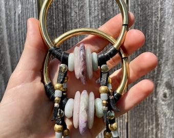 Hollow Brass Hoops for gauges, black leather fringe with charoite, rose quartz and jade. Size 0/00 gauged hoop earrings, shaman jewelry