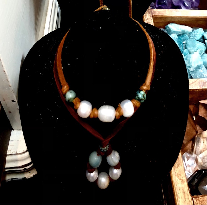 Gemstone /& Deerskin adjustable Choker-Pendant-Bolo style BuffaloCode original design 3 in 1 Custom \u2018Gillian\u2019 Pearl
