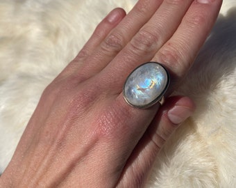 Rainbow Flash Moonstone Ring, .925 Sterling Silver, Size 8.25