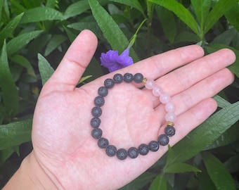 Healing Gravel Lava Chakra Stone crystals with Rose Quartz Energy Chakra Bracelet