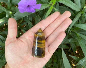 Natural Tiger Eye Crystal Tower, Handmade Yellow Gemstone Obelisk, Focus and Clarity Aid, Thoughtful Wellness Gift