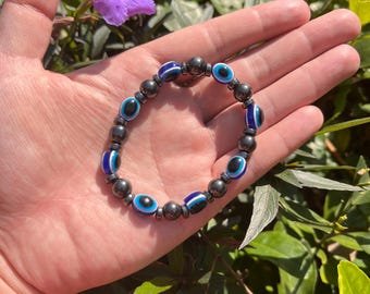 Handmade Gemstone Natural Black Hematite With Evil eyes Bracelet Gift
