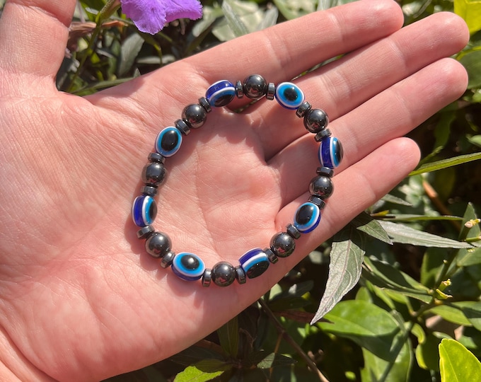 Handmade Gemstone Natural Black Hematite With Evil eyes Bracelet Gift