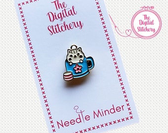 Kawaii Cat in Teacup Needle Minder for Cross Stitch, Embroidery, Needlecraft, Cover Minder for Diamond Art Painting, Stitcher Gift