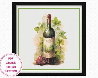 Wine Bottle Counted cross stitch pdf pattern, A Touch of Italy Digital cross stitch chart Vineyard cross stitch pattern instant download