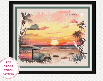 Sunset At the Beach Counted cross stitch pdf pattern, Ocean scene cross stitch chart, Beach Wall Art cross stitch pattern instant download