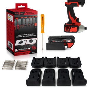 May include: A set of 8 black tool holders for organizing Milwaukee M18 tools and batteries. The set includes 4 tool holders and 4 battery holders. The holders are made of durable plastic and have a lifetime warranty. The set also includes screws for mounting the holders to a wall or workbench. The packaging shows a red and black drill, a screwdriver, and a battery.
