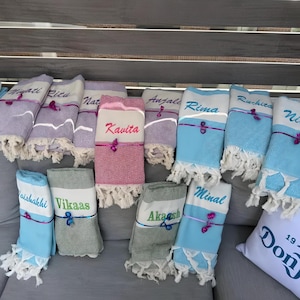 Recuerdo de despedida de soltera, toalla turca, regalos para vacaciones en la playa, regalo de boda personalizado, regalo para ella, regalo personalizado, toalla de playa para dama de honor