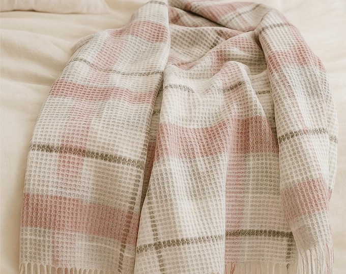 Personalized Plaid Throw Blanket, Soft Waffle Weave Blanket with Fringe, Cozy Bed or Sofa Throw, Beach Picnic Blanket, Housewarming Gift