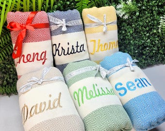 Personalized Turkish Cotton Beach Towel, Custom Name Gift, Bachelorette Bridesmaid Wedding Favor