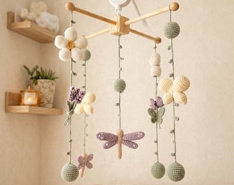 Mobile per culla all'uncinetto con fiori e libellula, decorazione boho neutra, regalo per baby shower
