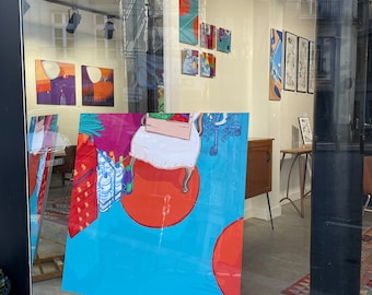 Pintura digital "Chez Katell, cozinha, tapete vermelho", 70 x 70 cm (27,55" x 27,55"), sublimação sobre metal, moldura retrátil, 7 exemplares