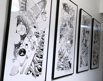 Serigrafias em preto e branco dos meus desenhos aleatórios 30 x 68 cm (11,8" x 26,77"), limitadas a 23 cópias, com ou sem moldura